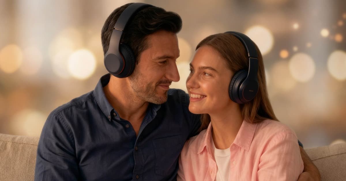 Couple listening together to a love song preview