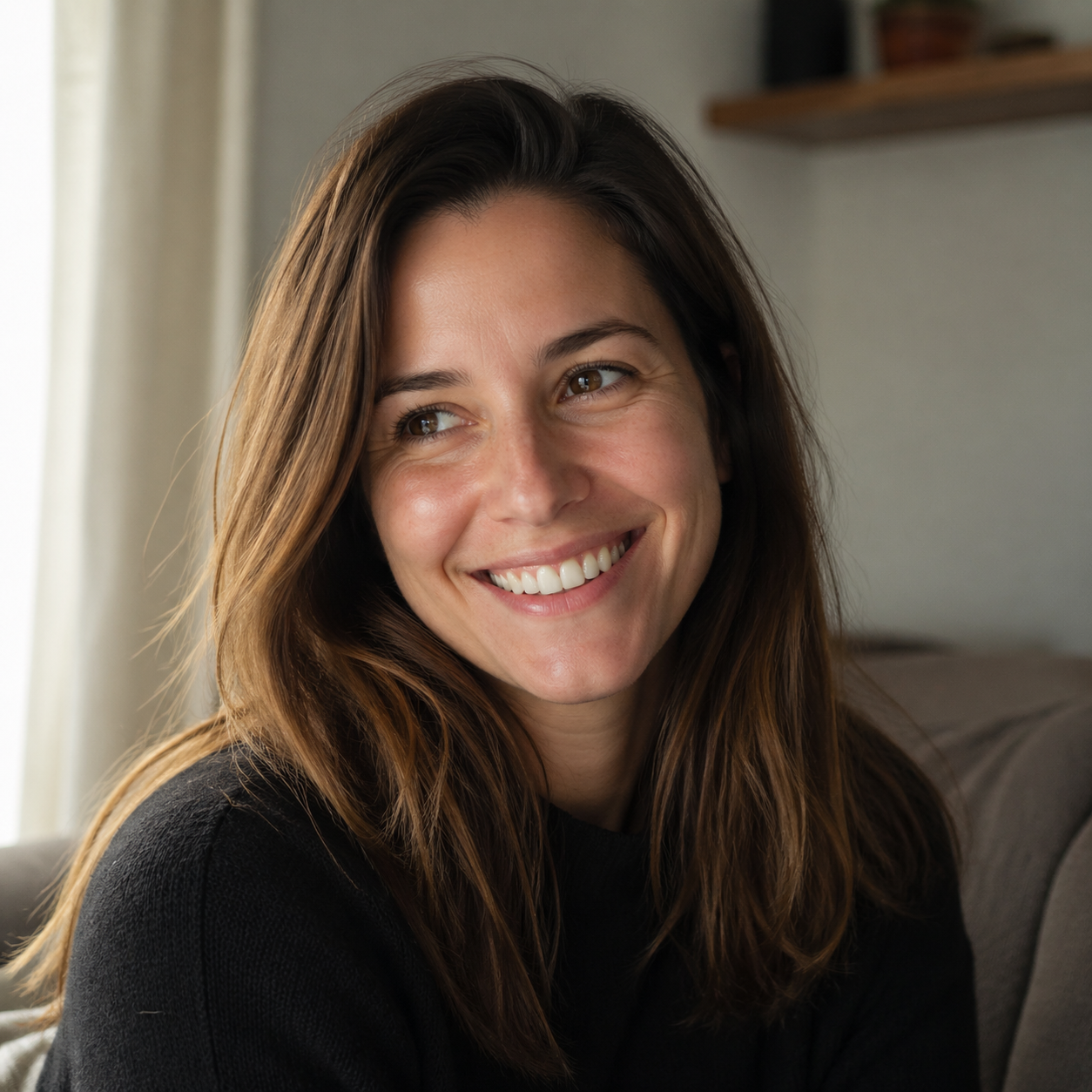 Woman smiling after hearing her custom anniversary love song